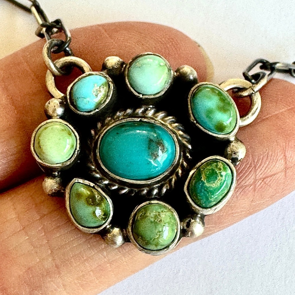 Navajo Cluster Necklace Turquoise 20" Mixed Mine Signed McRay Sterling Round Adj